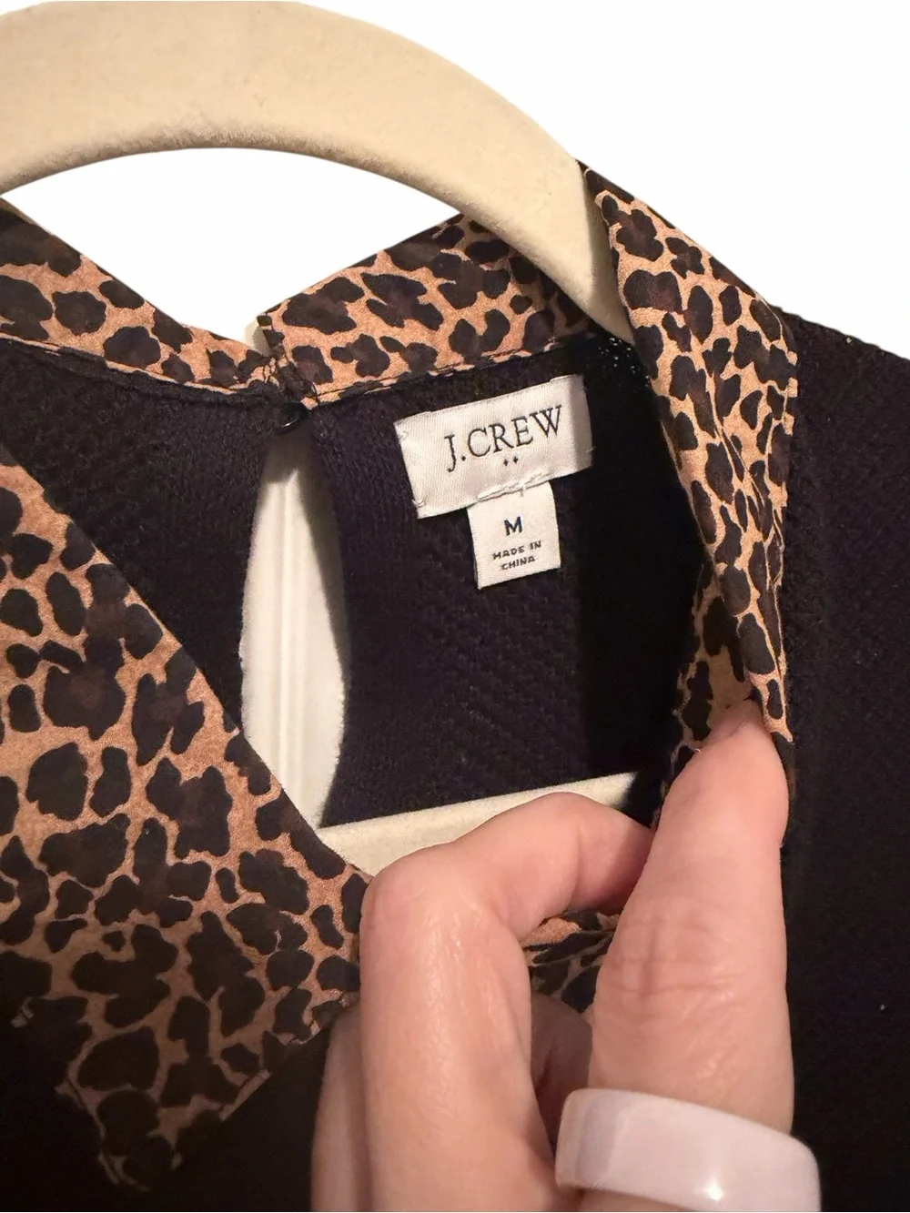 J. Crew Black Crewneck Long Sleeve Sweater w/ Leopard Print Collar Medium NWOT